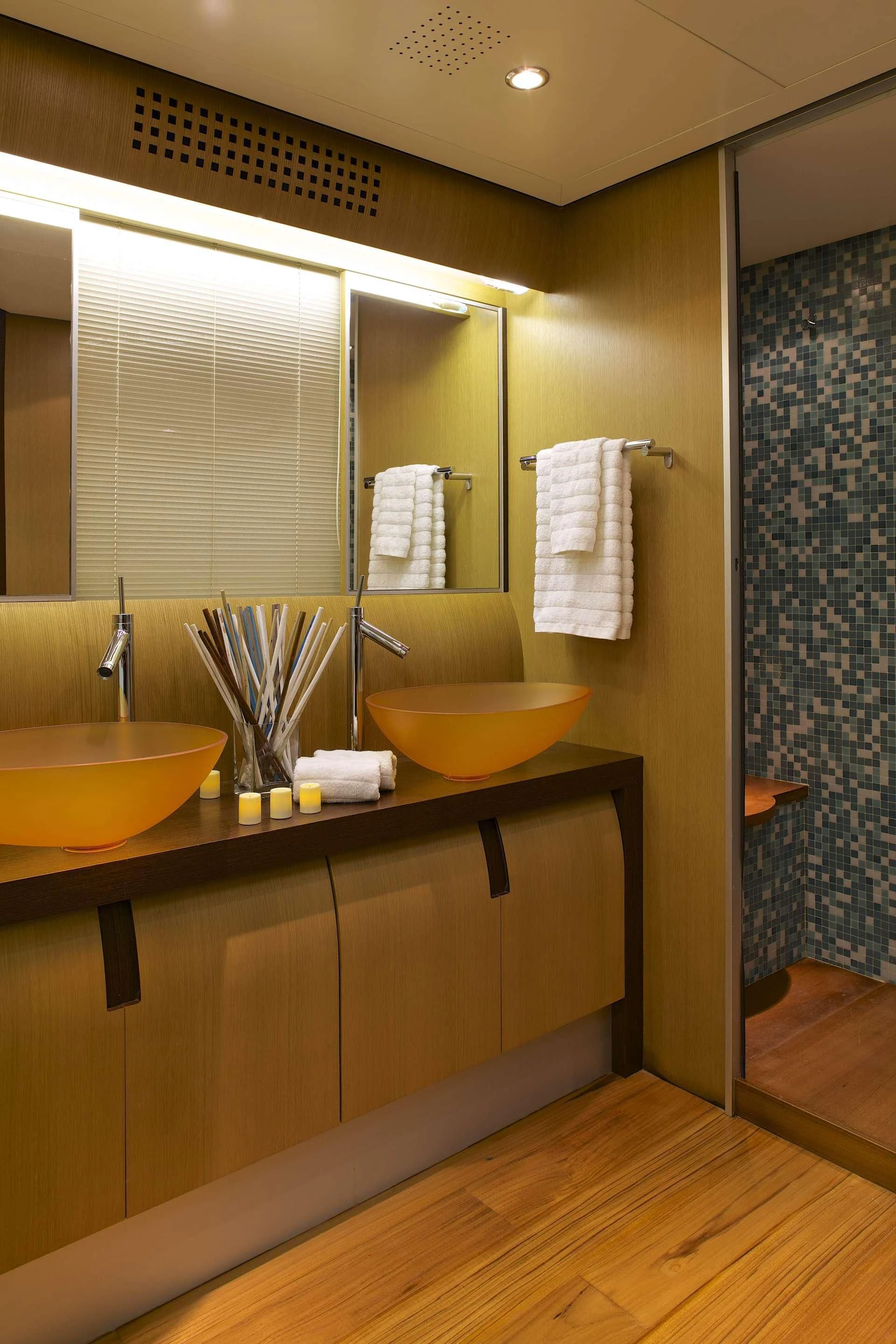 a bathroom with a sink and a shower aboard SOLARIS Yacht for Sale