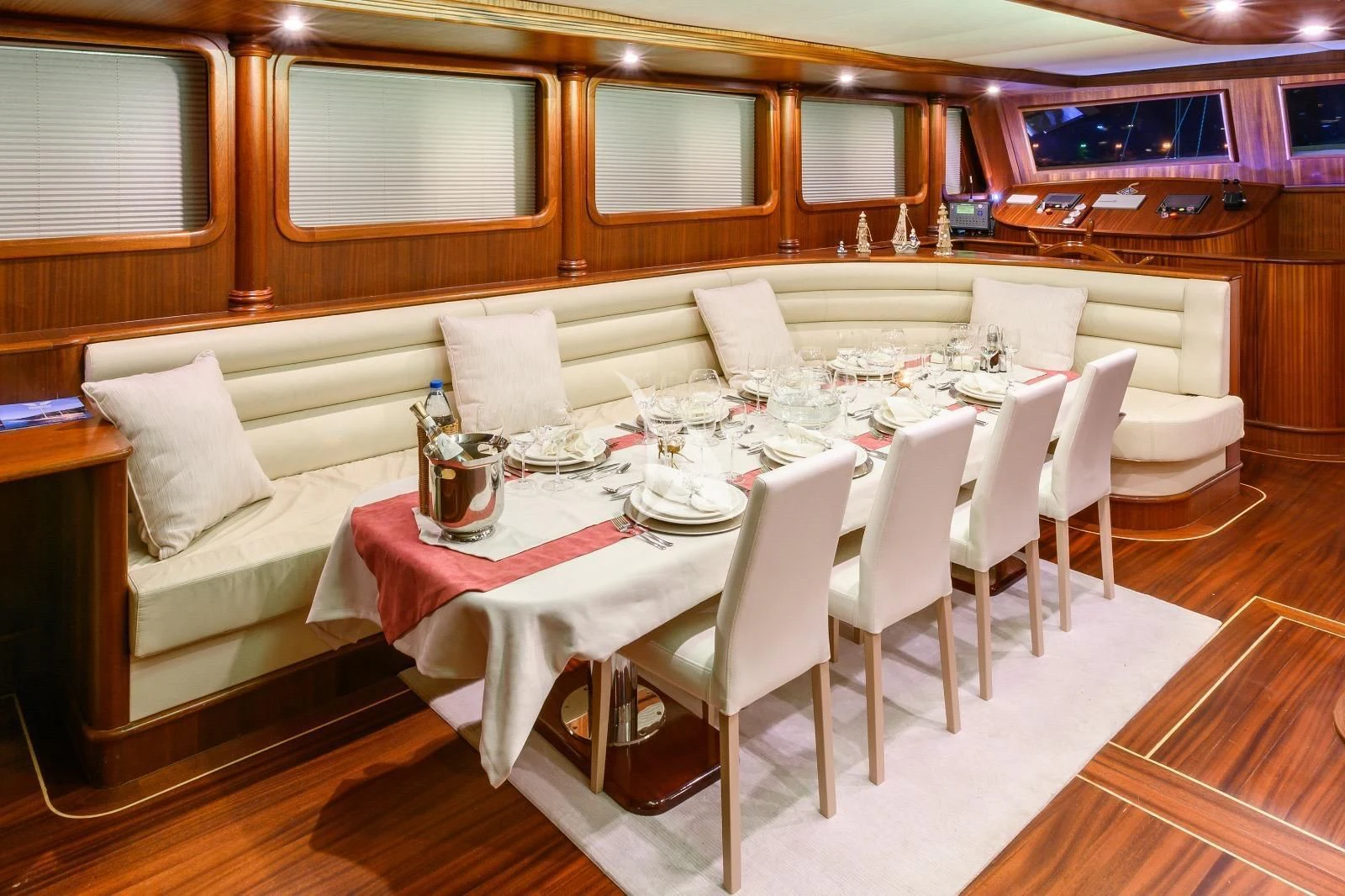 a table set for a dinner aboard HALCON DEL MAR Yacht for Sale