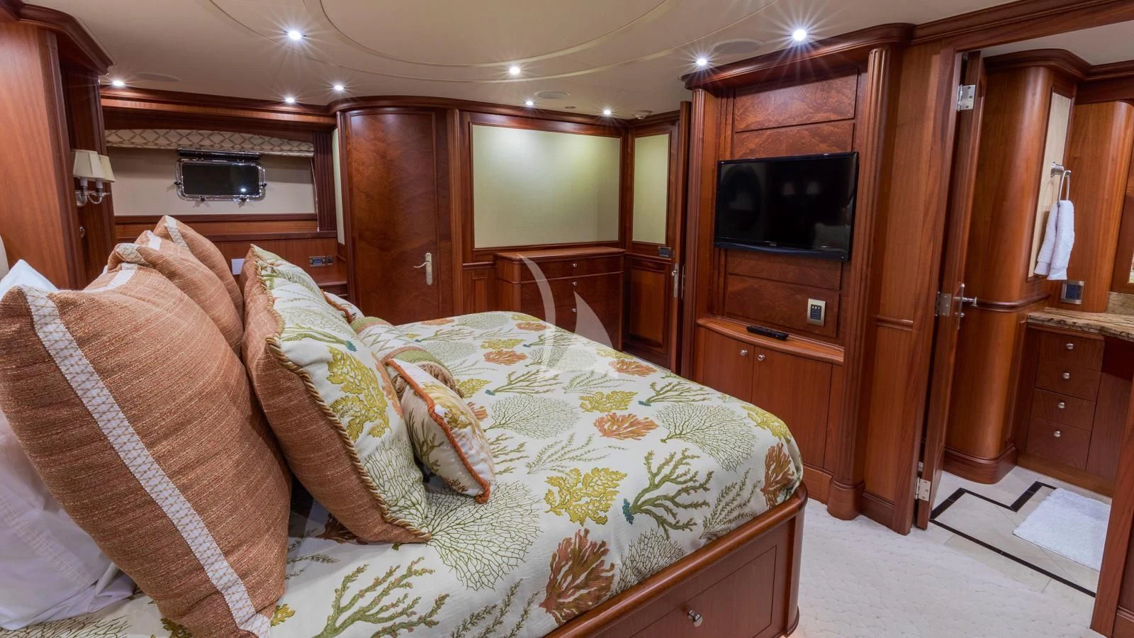 a bed in a room aboard ANNDRIANNA Yacht for Sale