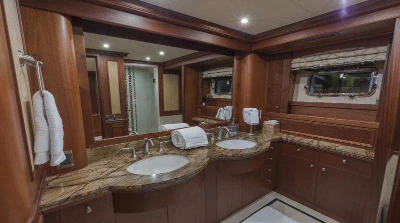 a bathroom with a large mirror aboard ANNDRIANNA Yacht for Sale