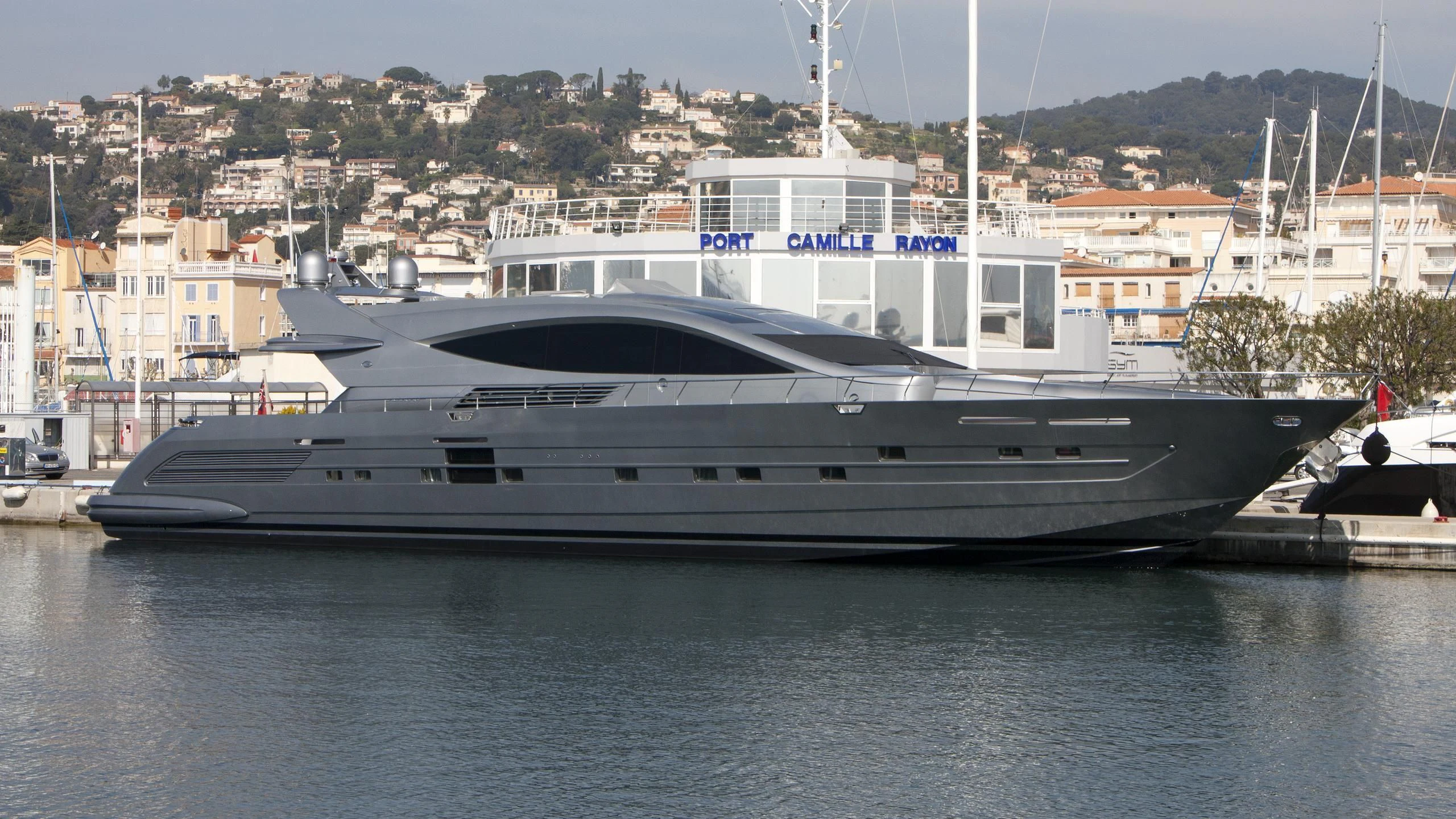 a large yacht docked aboard MUSE Yacht for Sale