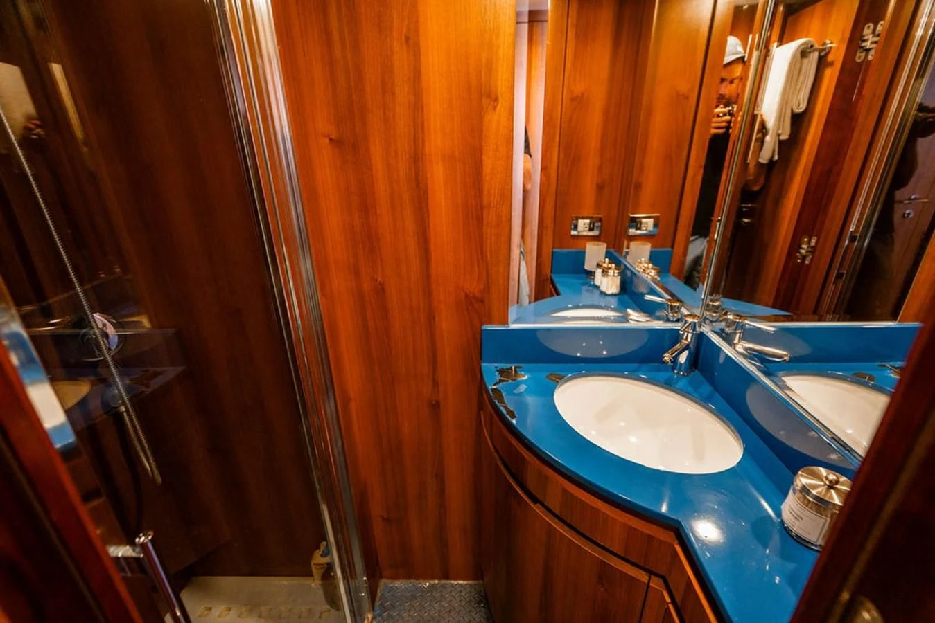 a bathroom with a sink and a mirror aboard BM Yacht for Sale