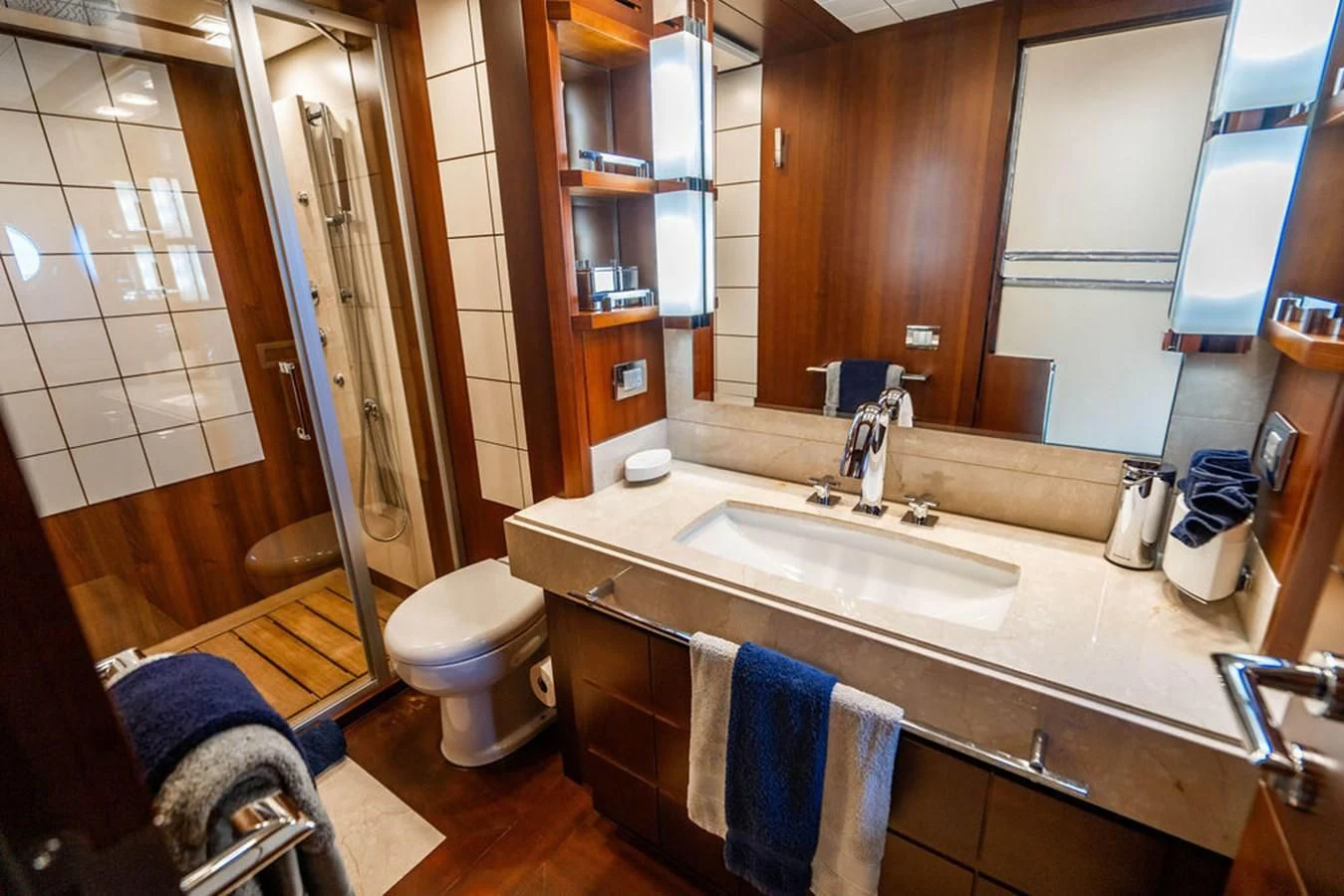 a bathroom with a sink and toilet aboard BM Yacht for Sale