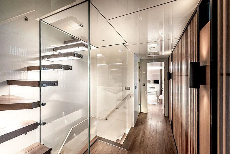 a room with a glass shower aboard MASHA Yacht for Sale