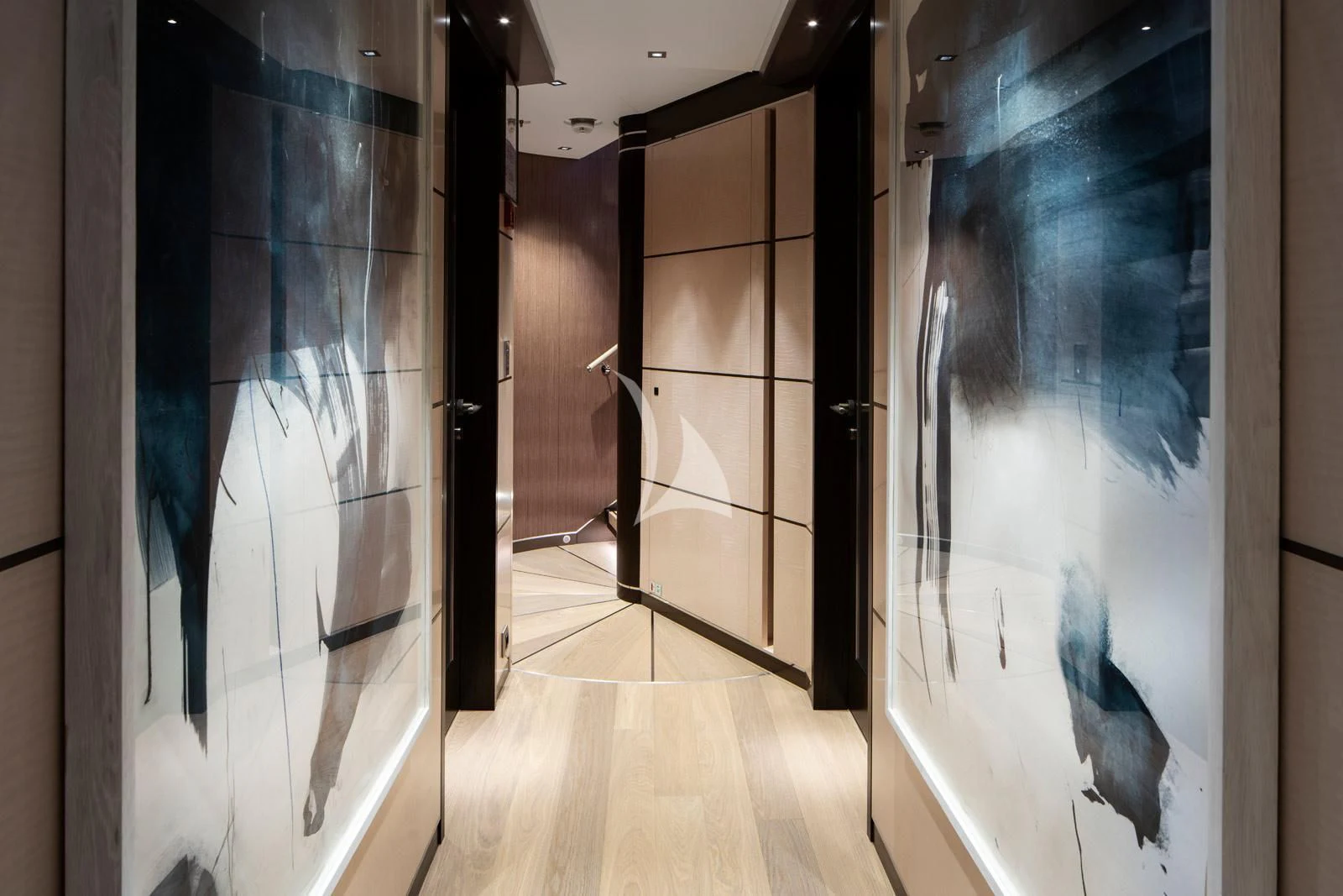 a room with a large glass door aboard MOSKITO Yacht for Sale