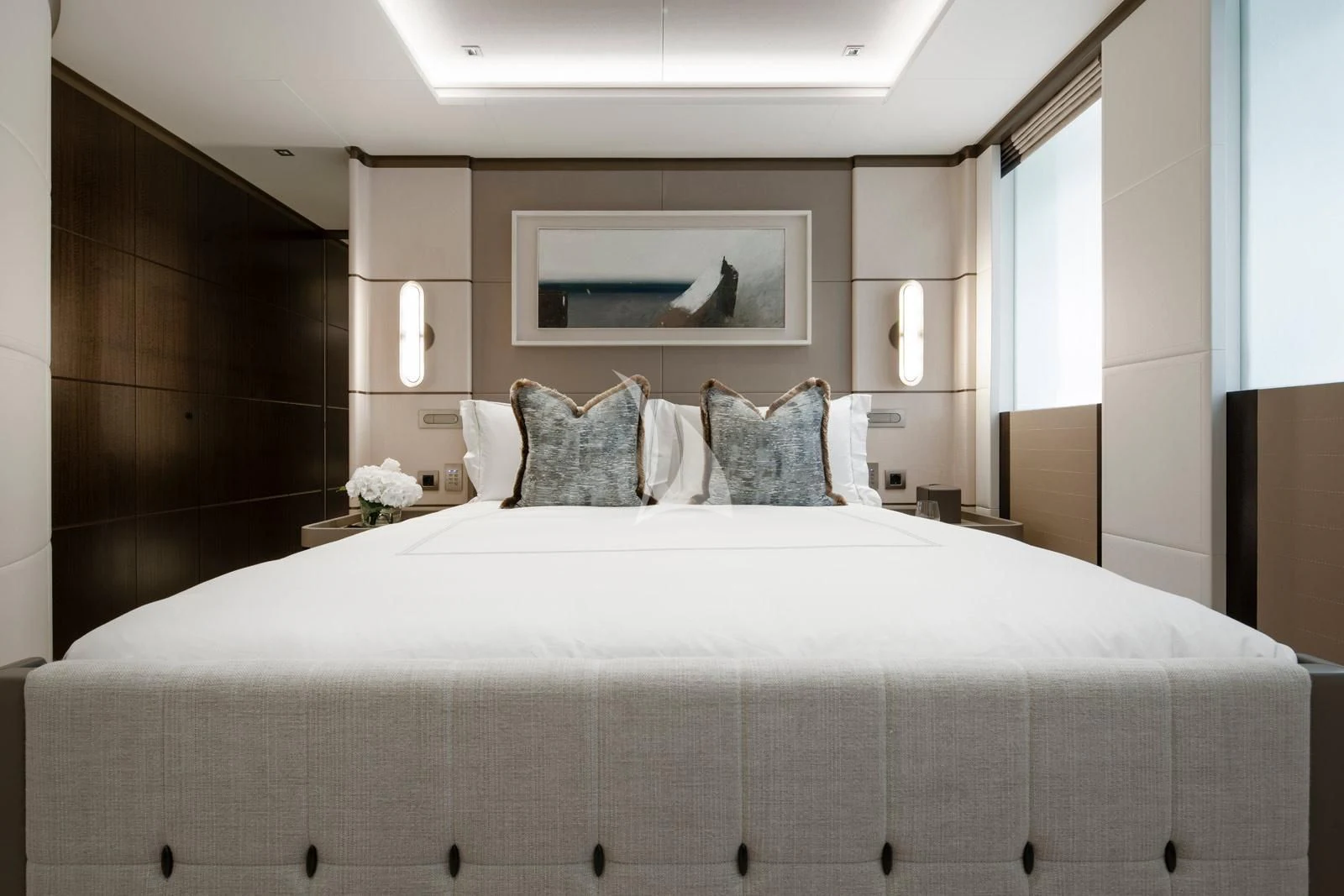 a bed with white sheets aboard MOSKITO Yacht for Sale