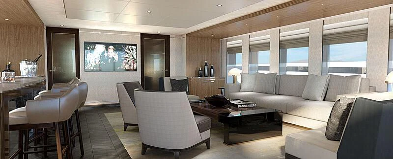 a living room with a large screen aboard MOSKITO Yacht for Sale