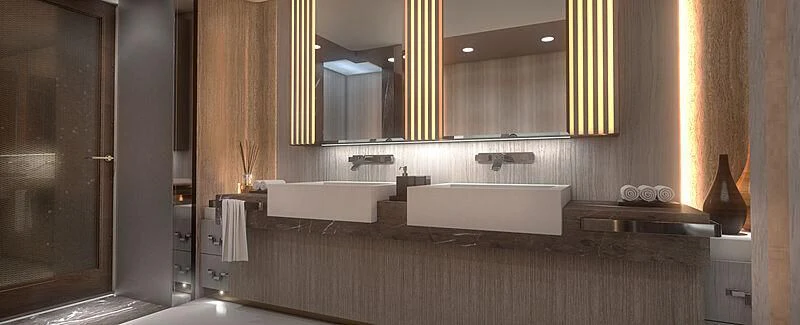 a bathroom with a large mirror aboard MOSKITO Yacht for Sale
