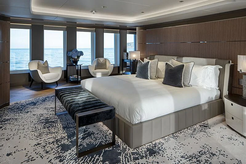 a large bed in a room aboard MOSKITO Yacht for Sale