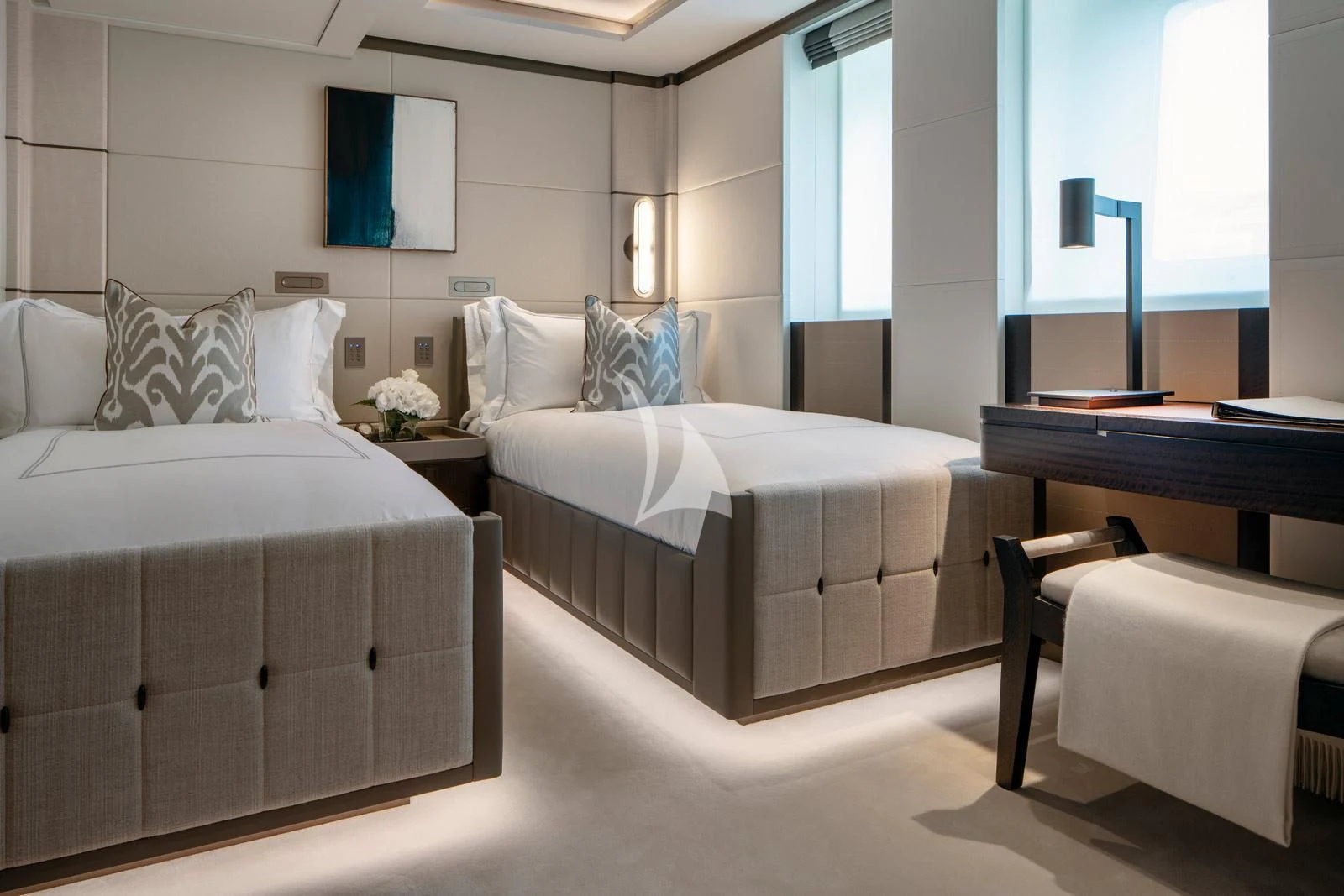 a room with two beds aboard MOSKITO Yacht for Sale