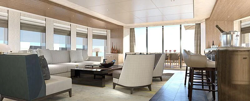 a living room with a large window aboard MOSKITO Yacht for Sale
