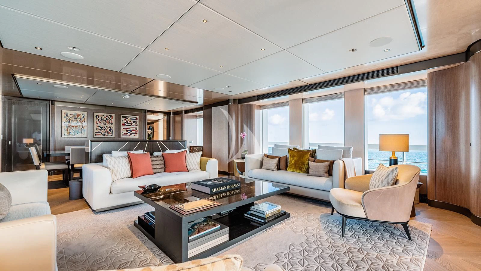 a living room with a large window aboard MOSKITO Yacht for Sale