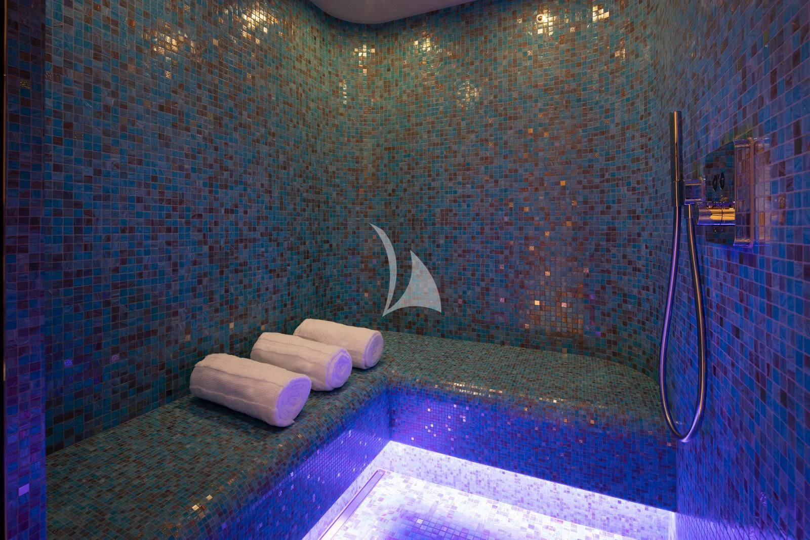 a bathroom with a shower and a sink aboard MOSKITO Yacht for Sale