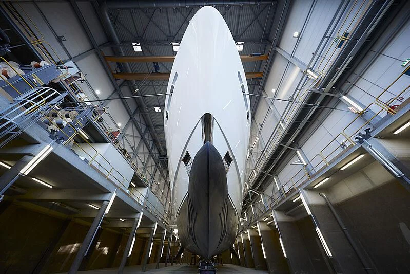 a large white rocket in a factory aboard MOSKITO Yacht for Sale