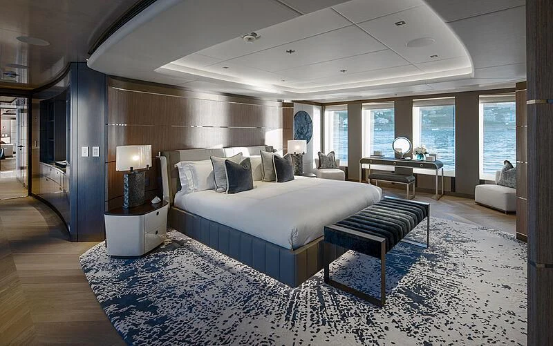 a large bedroom with a large bed aboard MOSKITO Yacht for Sale