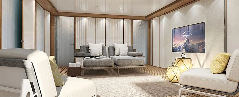 a living room with a large screen aboard MOSKITO Yacht for Sale