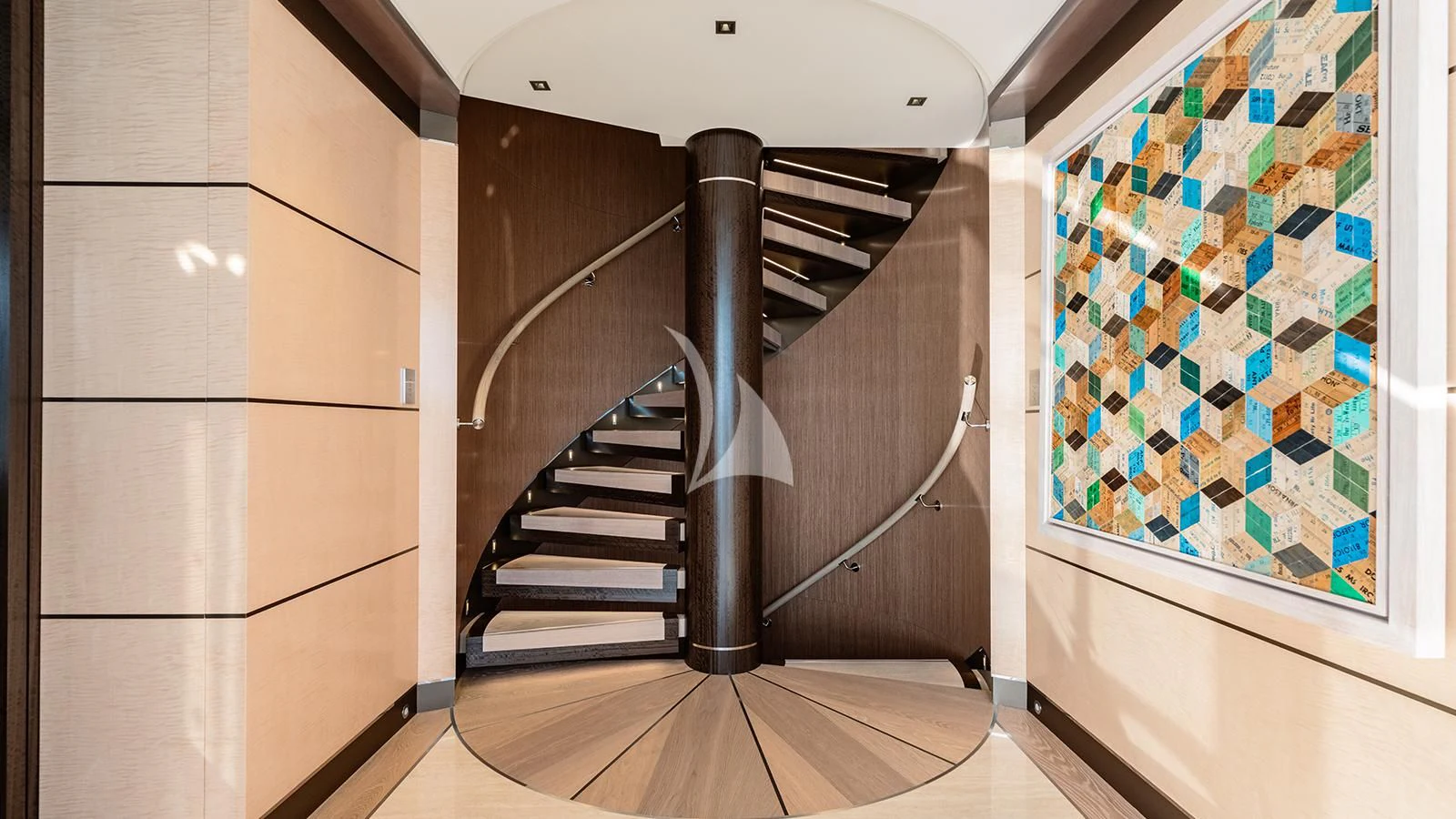 a room with a staircase and a glass door aboard MOSKITO Yacht for Sale