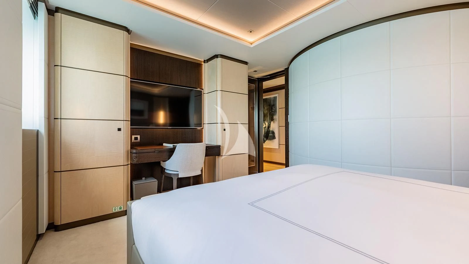 a room with a bed and a television aboard MOSKITO Yacht for Sale
