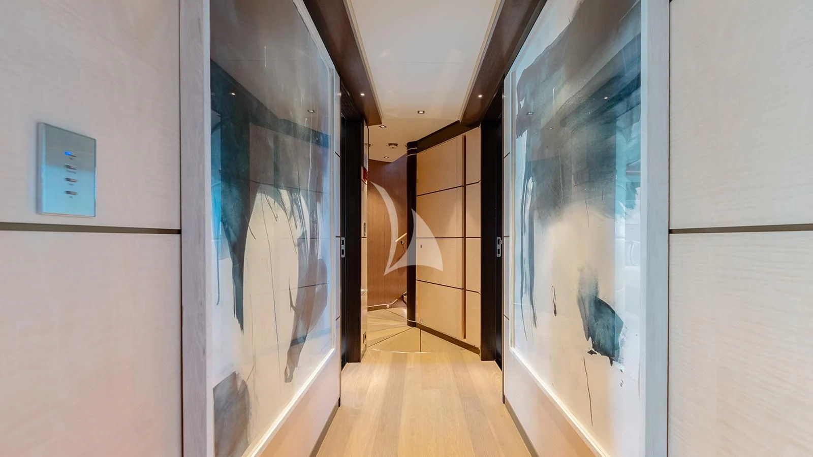 a hallway with glass doors aboard MOSKITO Yacht for Sale
