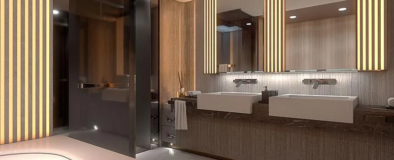 a bathroom with a tub and sinks aboard MOSKITO Yacht for Sale