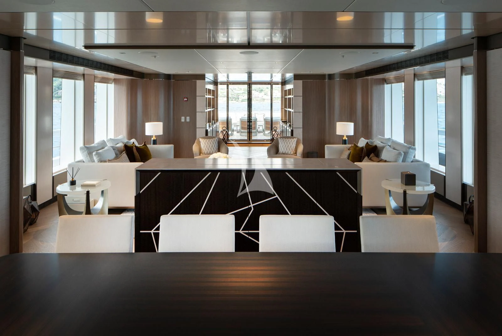 a large room with a couch and a table aboard MOSKITO Yacht for Sale