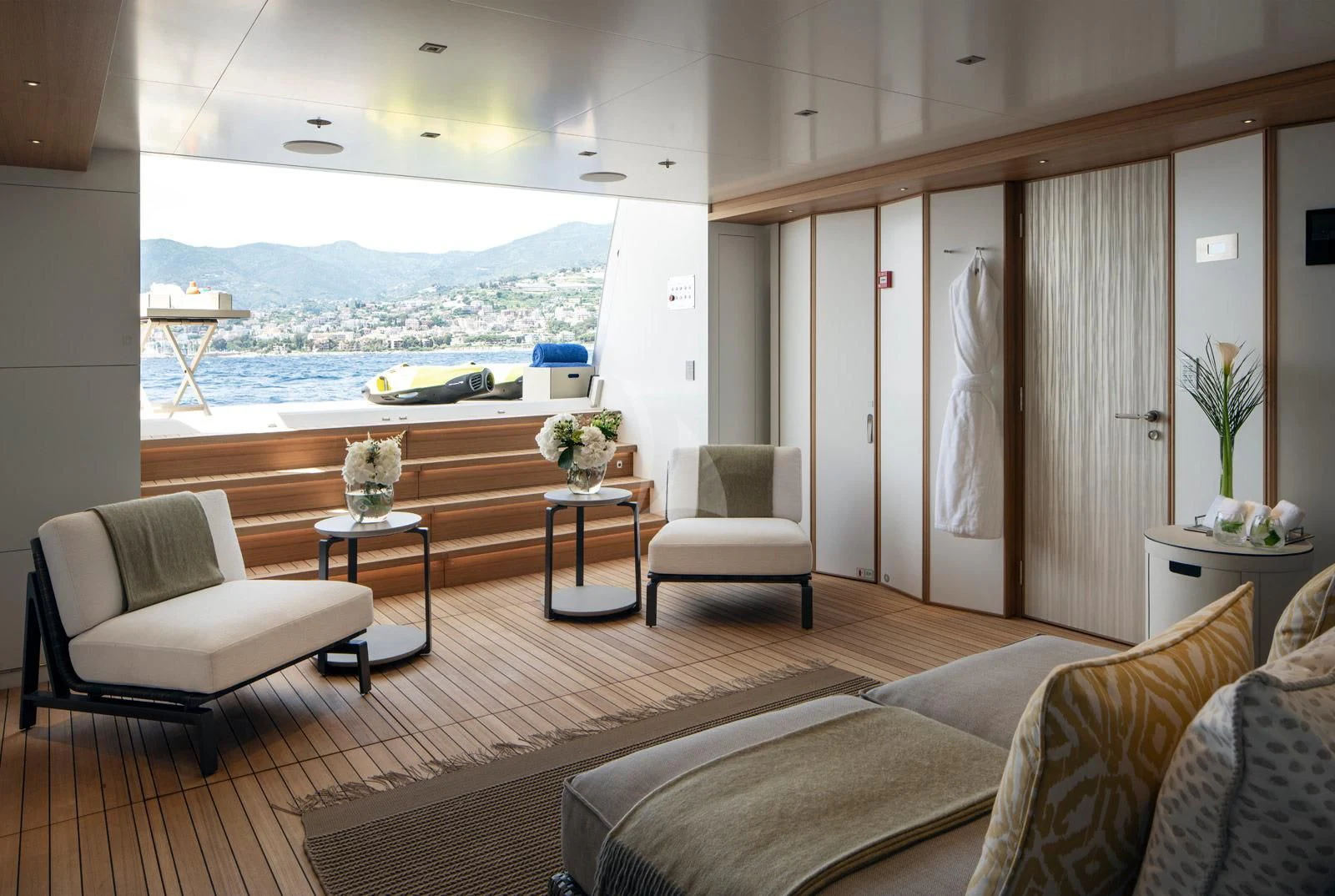 a living room with a large window aboard MOSKITO Yacht for Sale