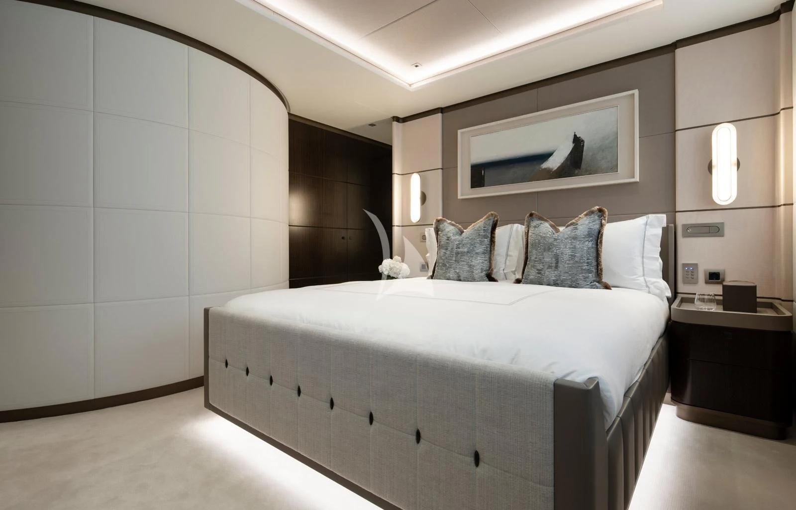 a bed in a room aboard MOSKITO Yacht for Sale