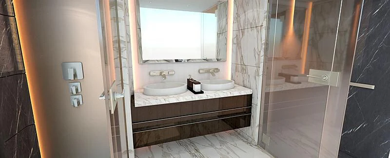 a bathroom with a sink and a mirror aboard MOSKITO Yacht for Sale