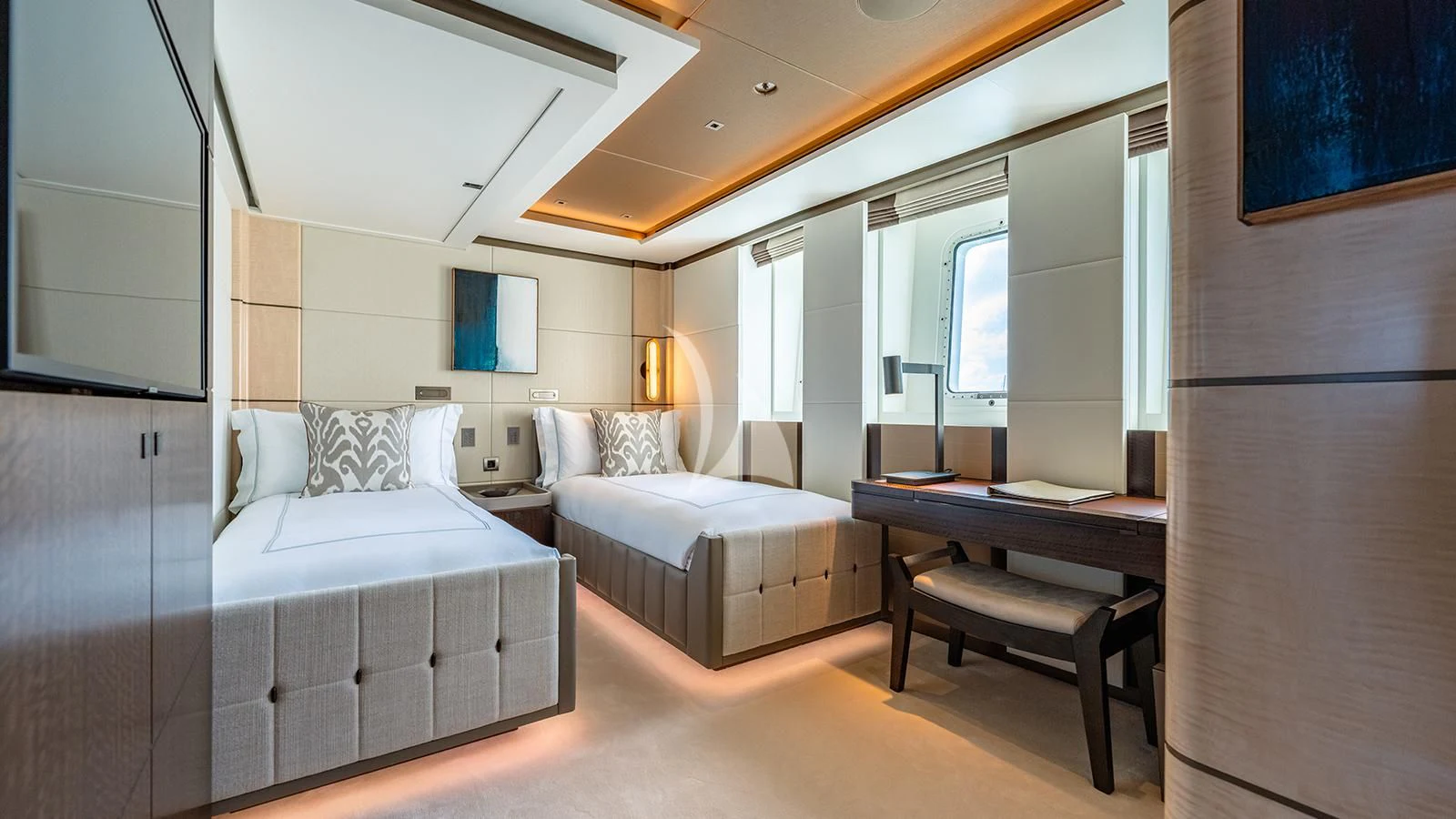 a room with a bed and a desk aboard MOSKITO Yacht for Sale