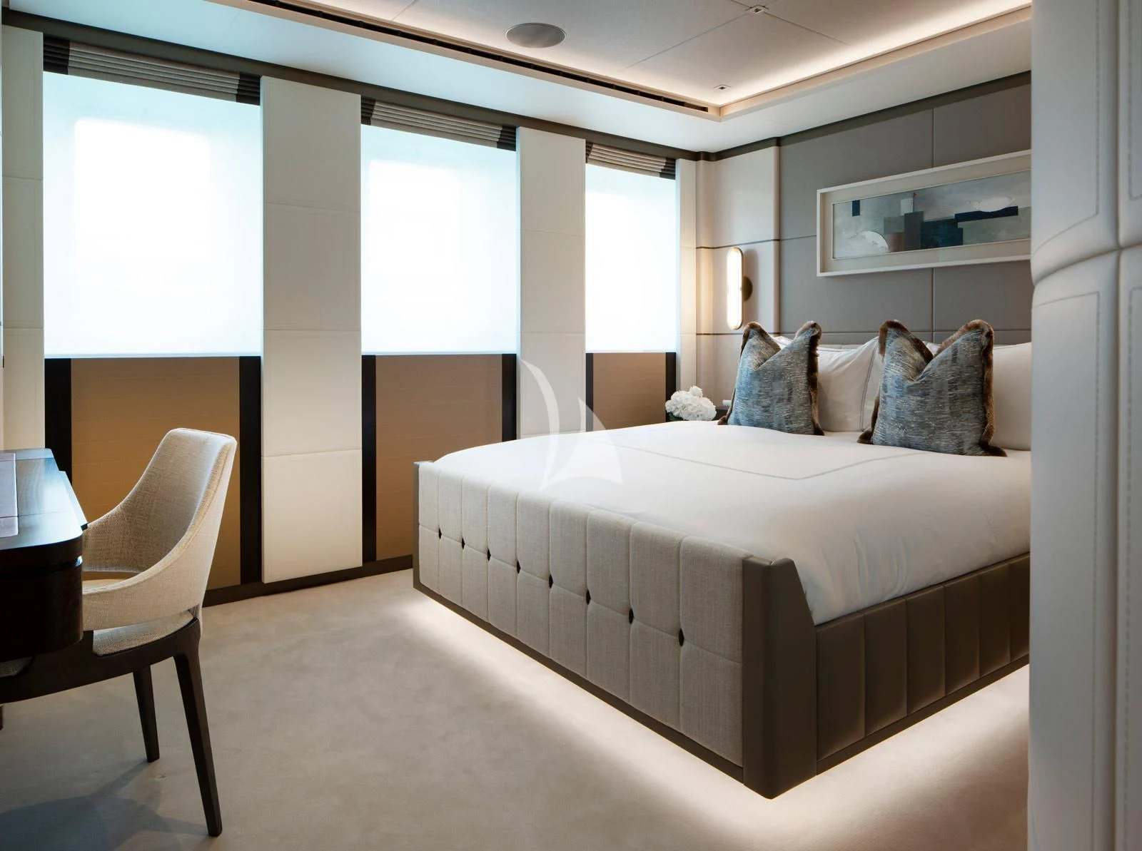 a bed in a room aboard MOSKITO Yacht for Sale