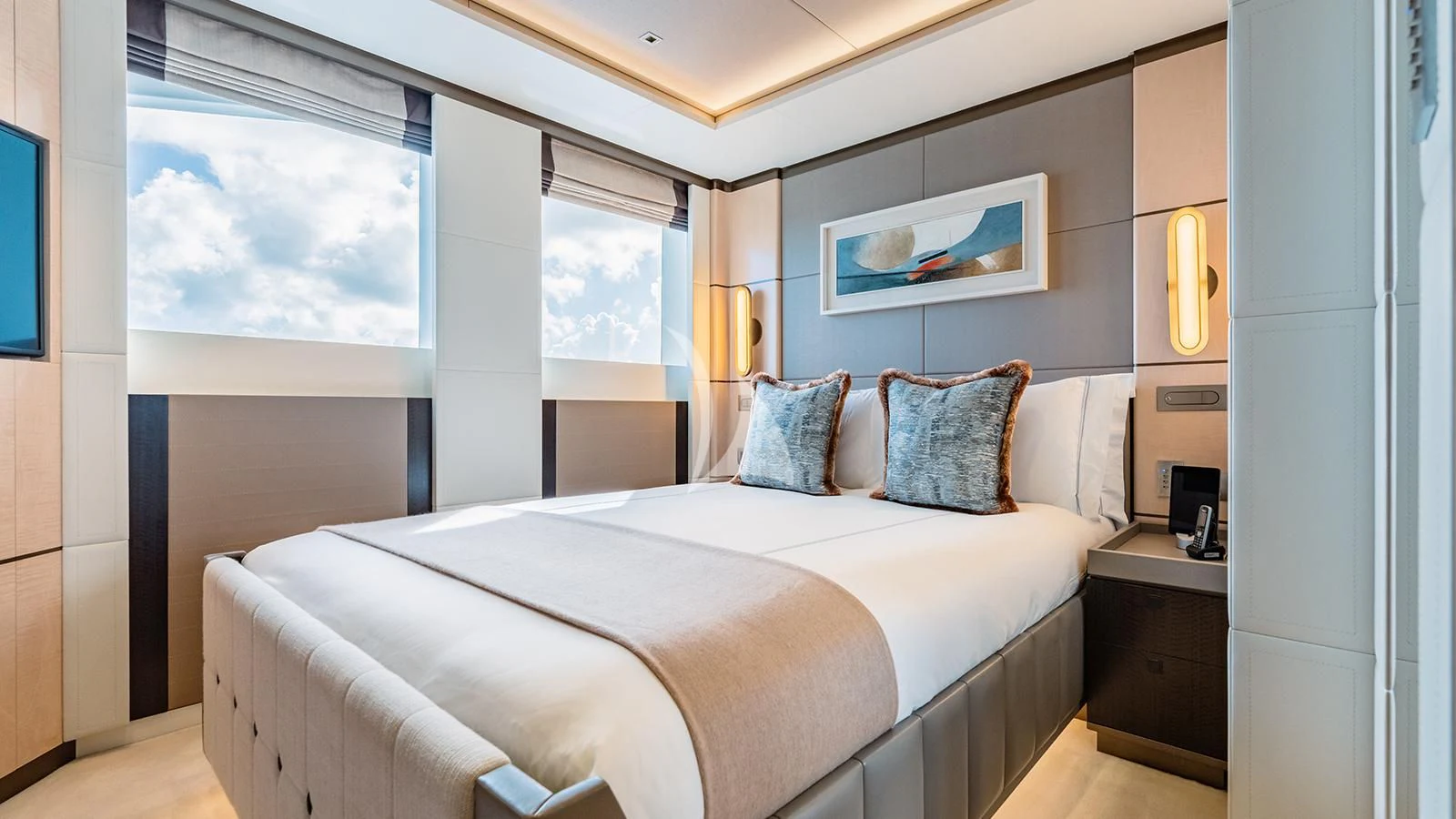 a bed in a room aboard MOSKITO Yacht for Sale