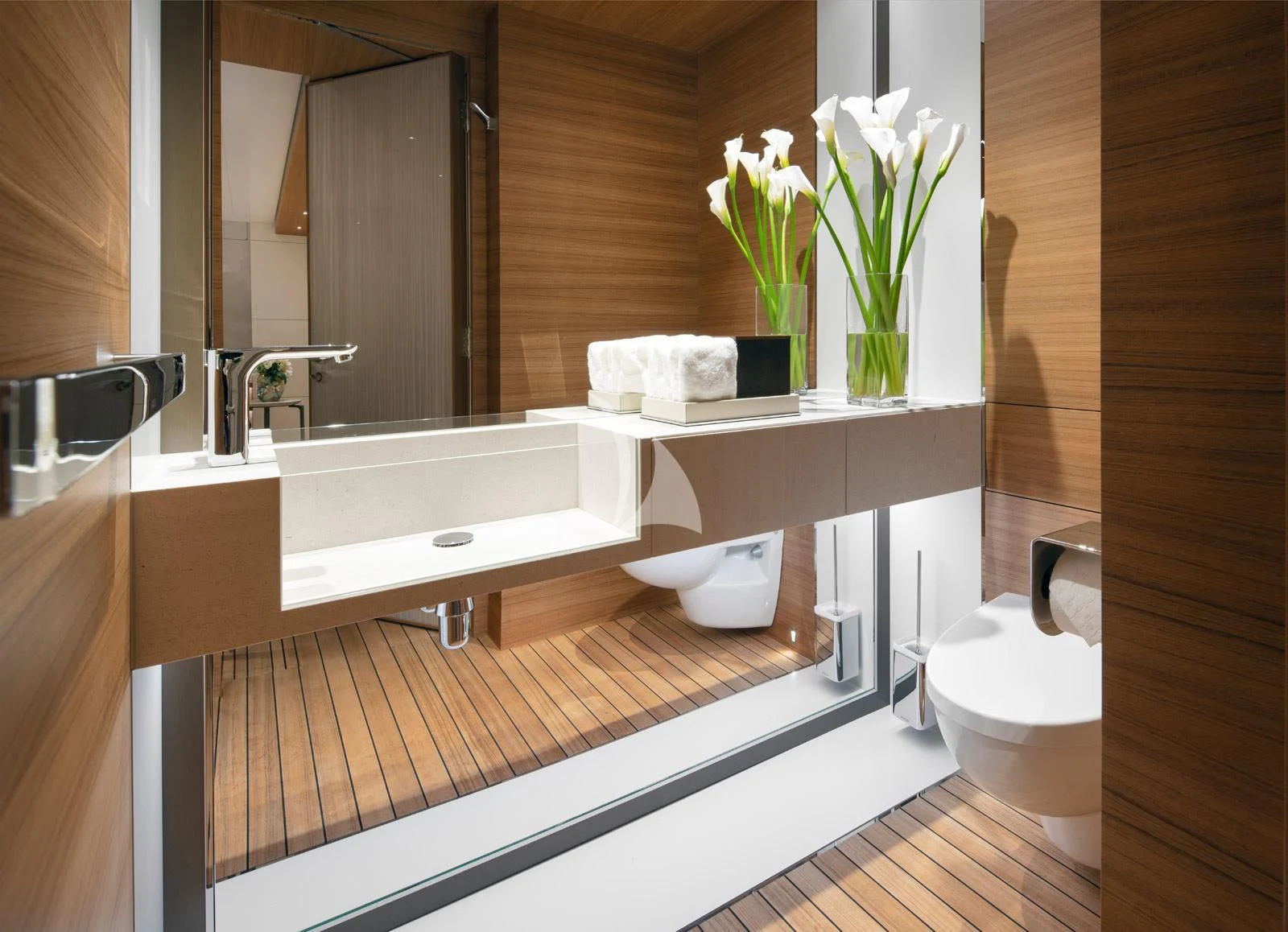 a bathroom with a sink and a mirror aboard MOSKITO Yacht for Sale