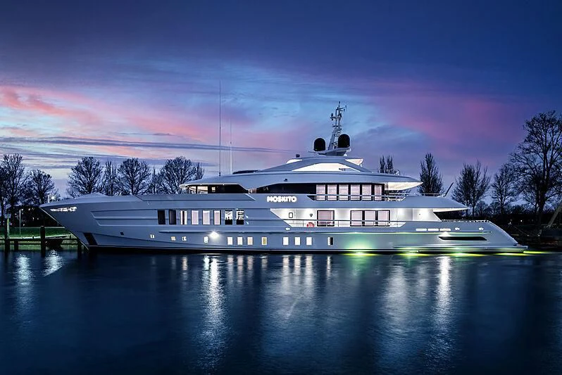 a white and black boat on water aboard MOSKITO Yacht for Sale