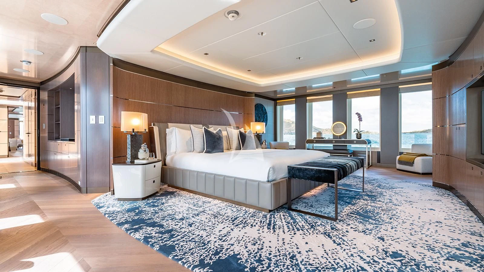 a large bedroom with a large bed aboard MOSKITO Yacht for Sale