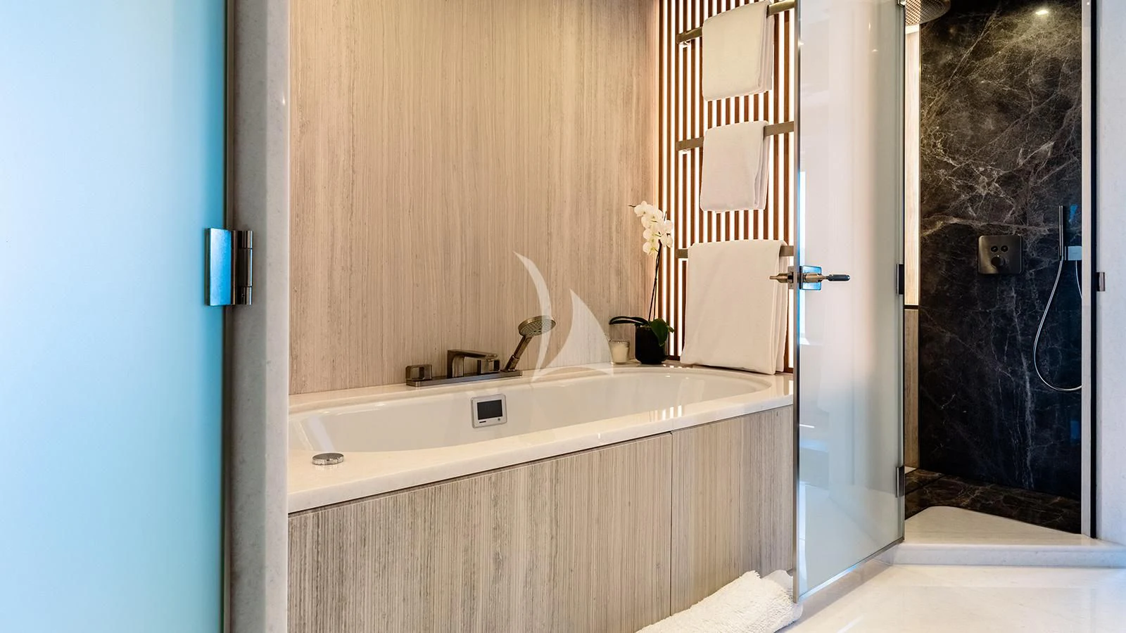 a bathroom with a sink and a mirror aboard MOSKITO Yacht for Sale