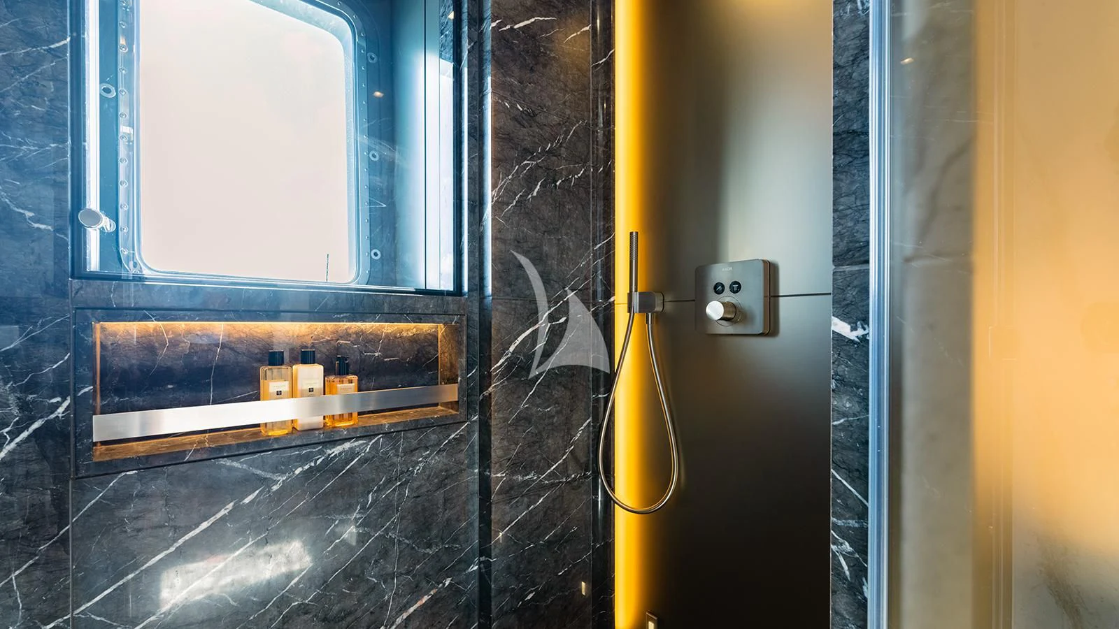 a door with a glass window aboard MOSKITO Yacht for Sale