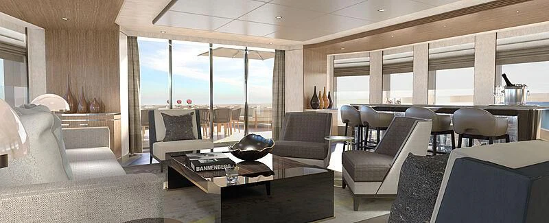 a living room with a large window aboard MOSKITO Yacht for Sale