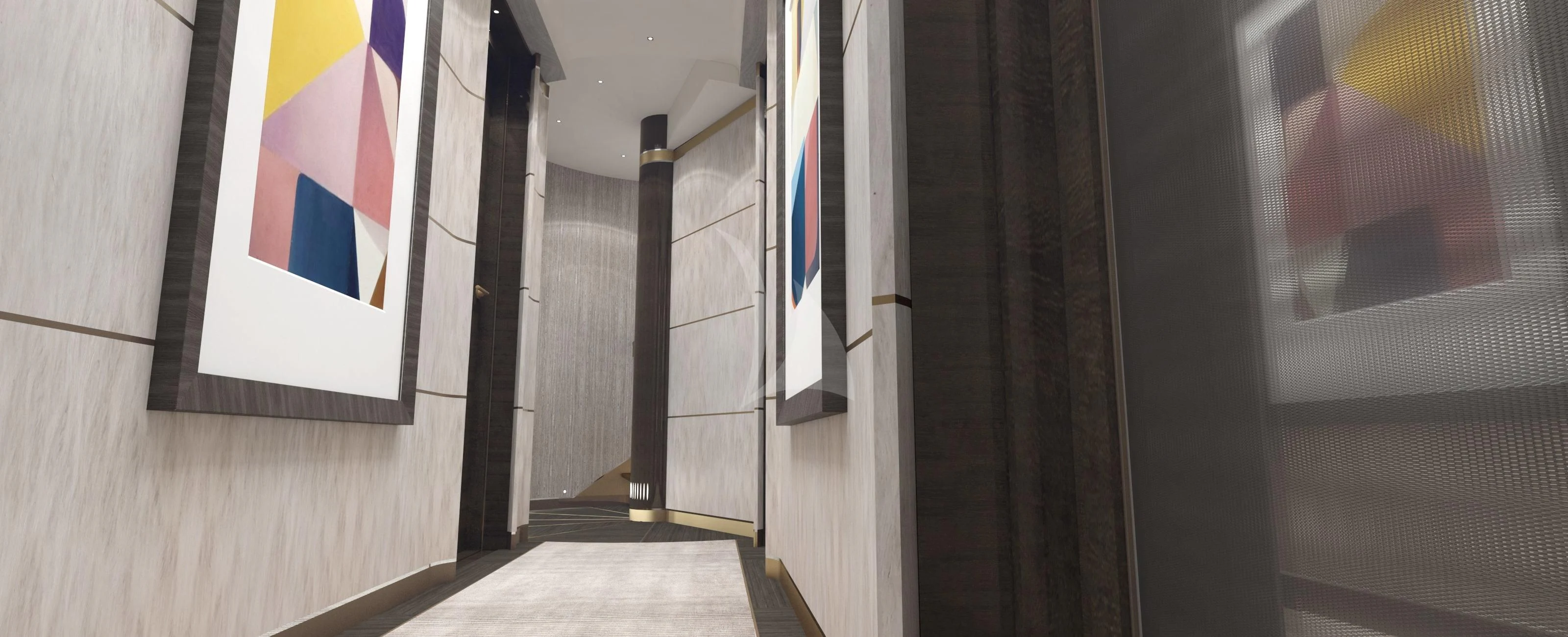 a hallway with a flag aboard MOSKITO Yacht for Sale