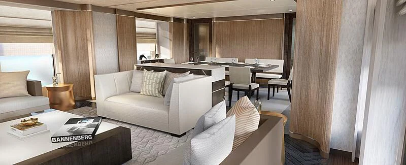 a room with a couch and a table and chairs aboard MOSKITO Yacht for Sale