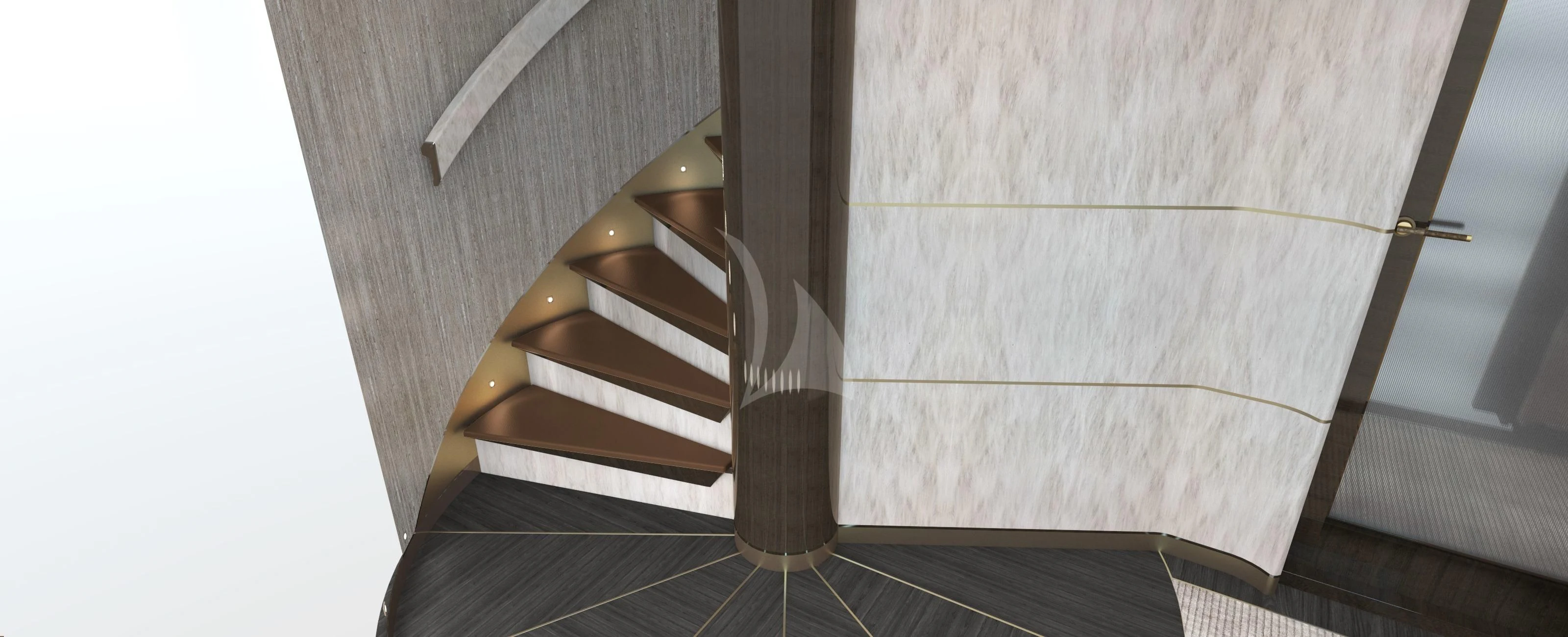 a staircase with a wood railing aboard MOSKITO Yacht for Sale