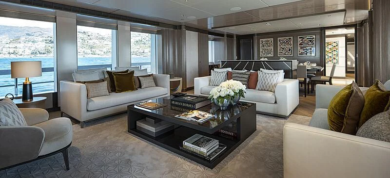 a living room with a large window aboard MOSKITO Yacht for Sale