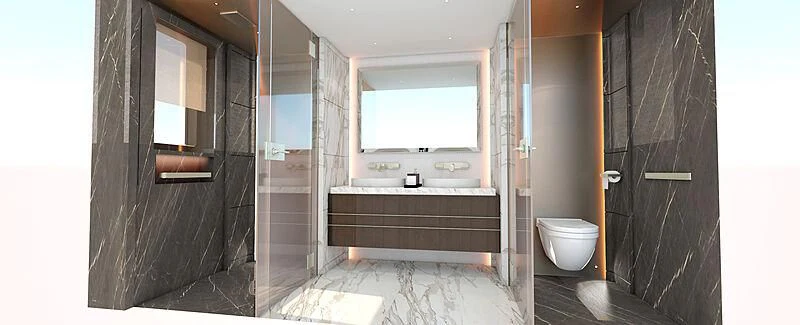 a bathroom with a tub and toilet aboard MOSKITO Yacht for Sale