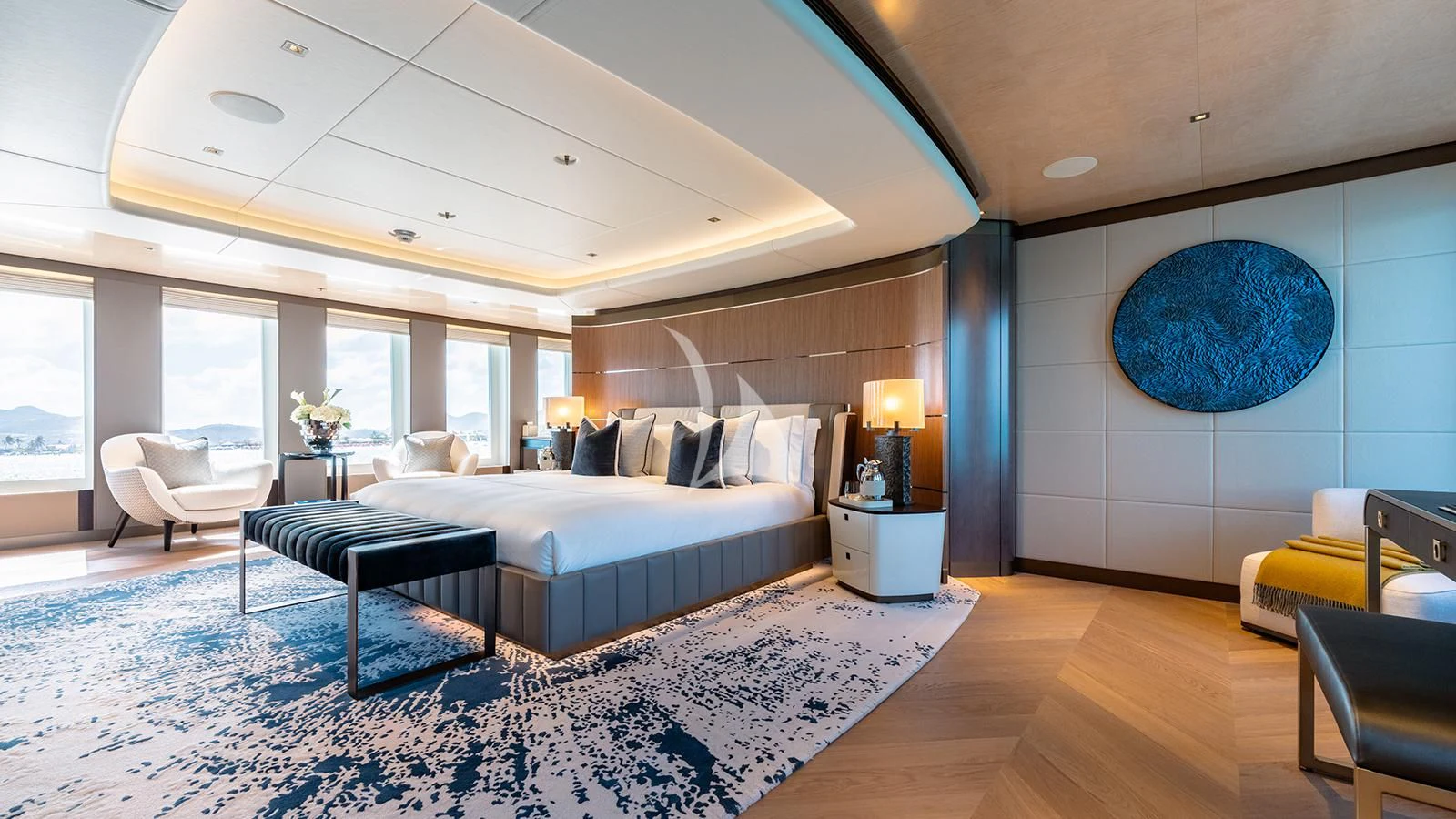 a large bedroom with a large bed aboard MOSKITO Yacht for Sale