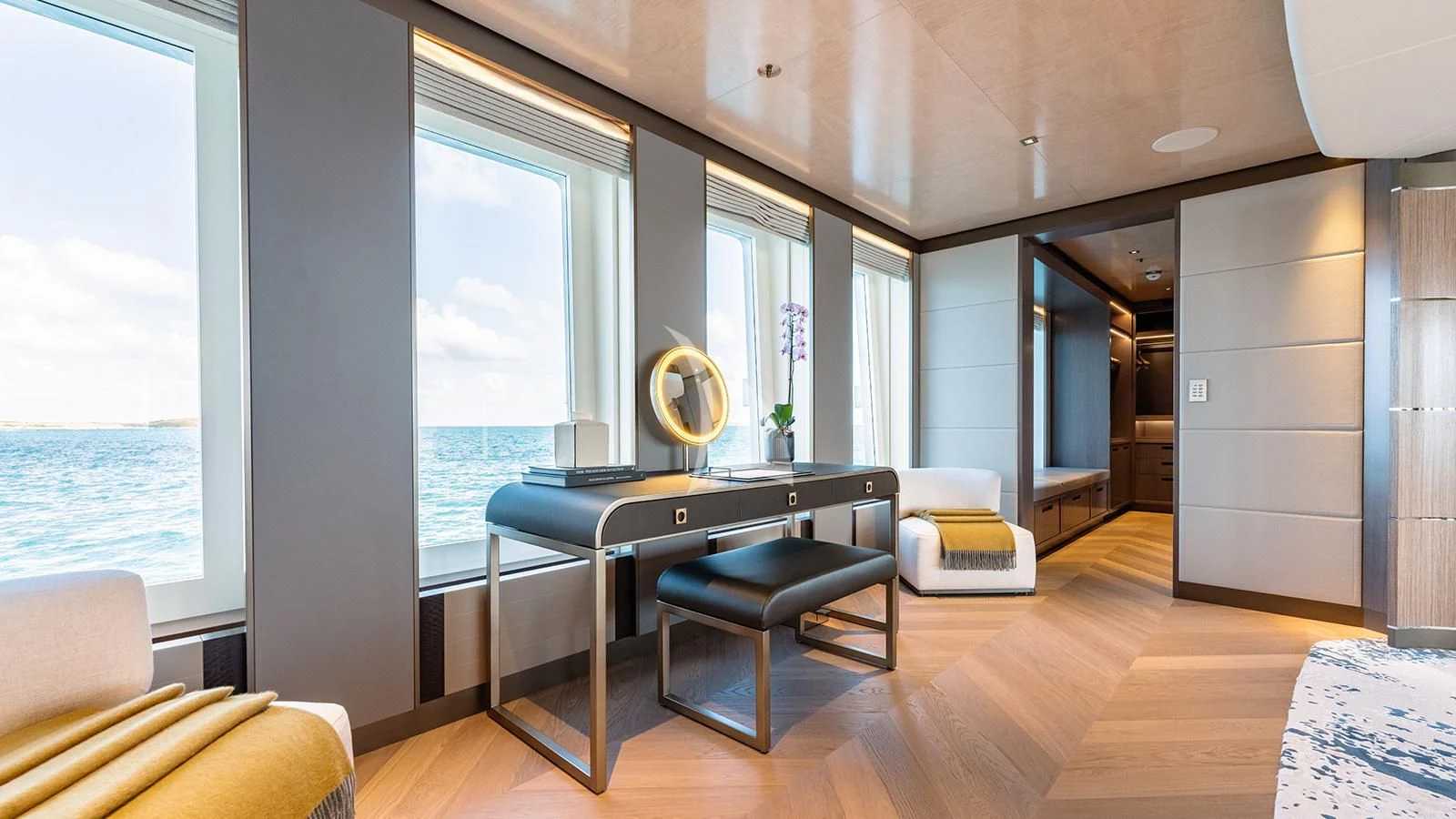 a room with a table and chairs aboard MOSKITO Yacht for Sale