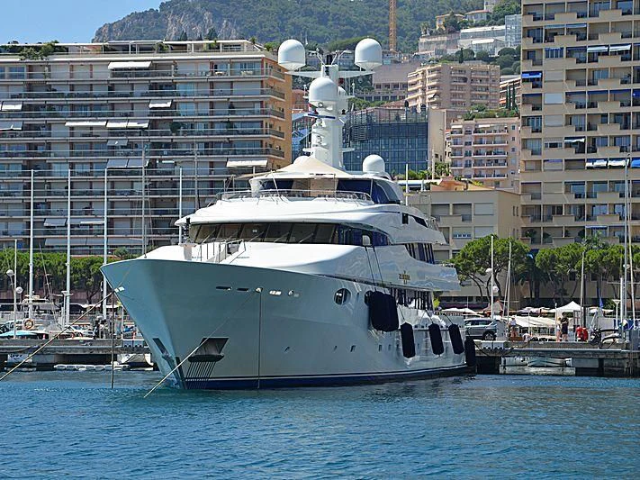 a boat docked at a pier aboard ZENOBIA Yacht for Sale