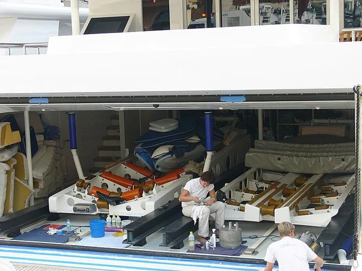 a few people working on a machine aboard ZENOBIA Yacht for Sale