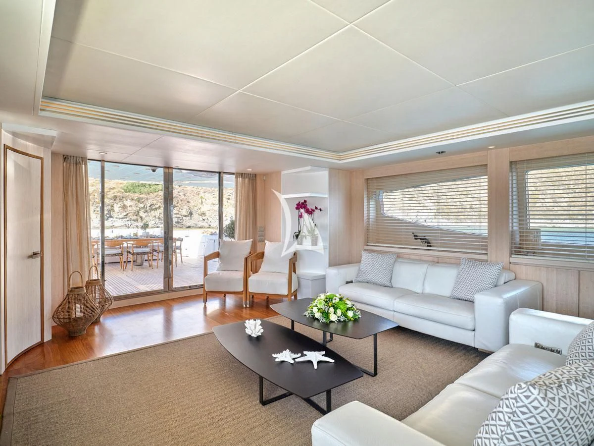 a living room with a large window aboard WHITE KNIGHT Yacht for Sale