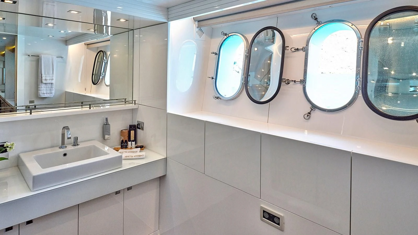 a bathroom with two sinks aboard WHITE KNIGHT Yacht for Sale