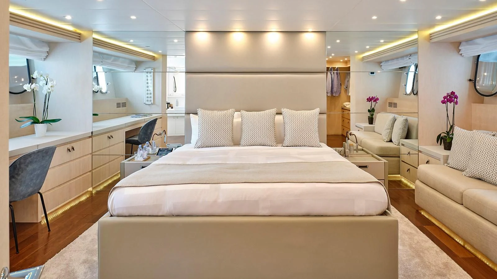 a large bed in a room aboard WHITE KNIGHT Yacht for Sale