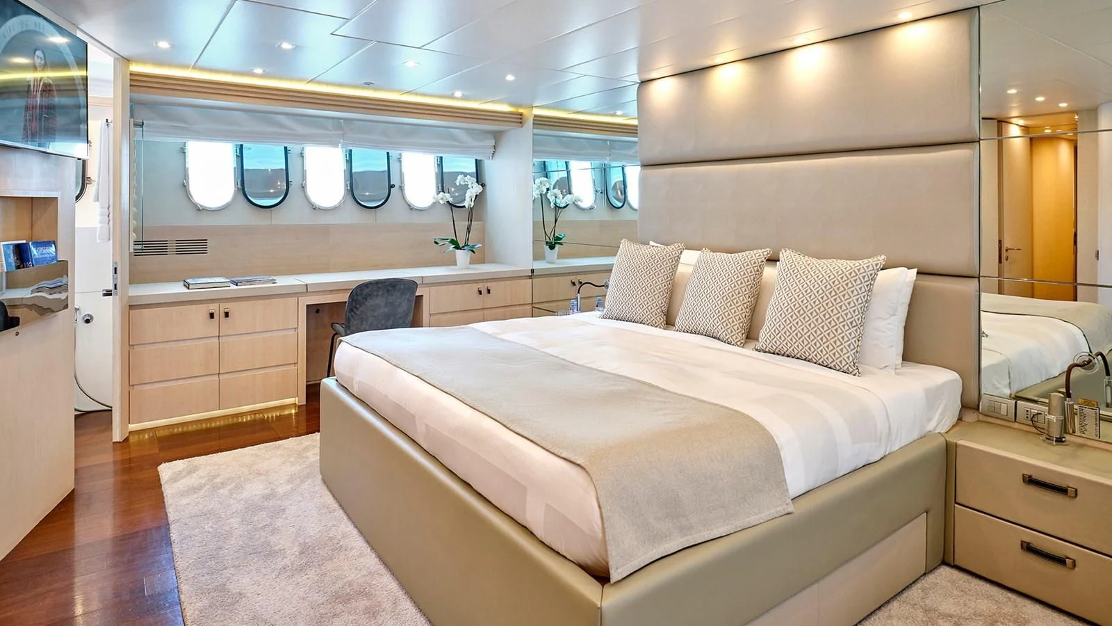 a large bedroom with a large bed aboard WHITE KNIGHT Yacht for Sale